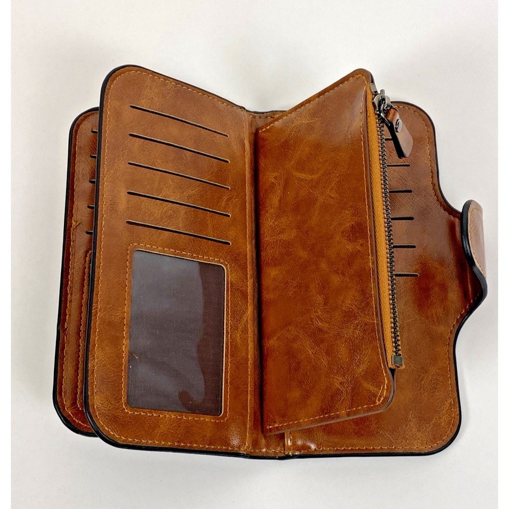 Menbense Minimalistic Oilwax PU Leather Ladies 7" Long Wallet Brown - Picture 4 of 7